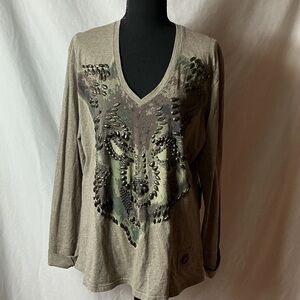 Double D Ranch Long Sleeve Top with Embellished Wolf Design